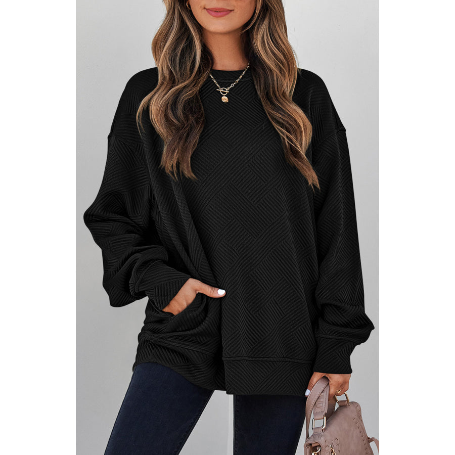 Black Solid Color Textured Round Neck Drop Shoulder Pullover Sweatshirt / S / 97% Polyester + 3% Elastane Tops/Sweatshirts & Hoodies