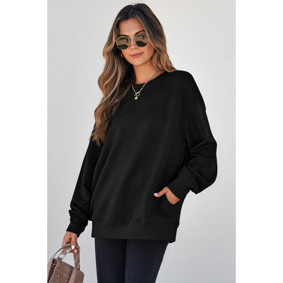 Black Solid Color Textured Round Neck Drop Shoulder Pullover Sweatshirt Tops/Sweatshirts & Hoodies