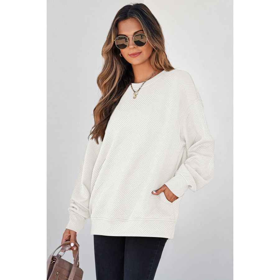 Black Solid Color Textured Round Neck Drop Shoulder Pullover Sweatshirt Tops/Sweatshirts & Hoodies