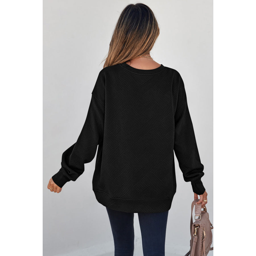 Black Solid Color Textured Round Neck Drop Shoulder Pullover Sweatshirt Tops/Sweatshirts & Hoodies