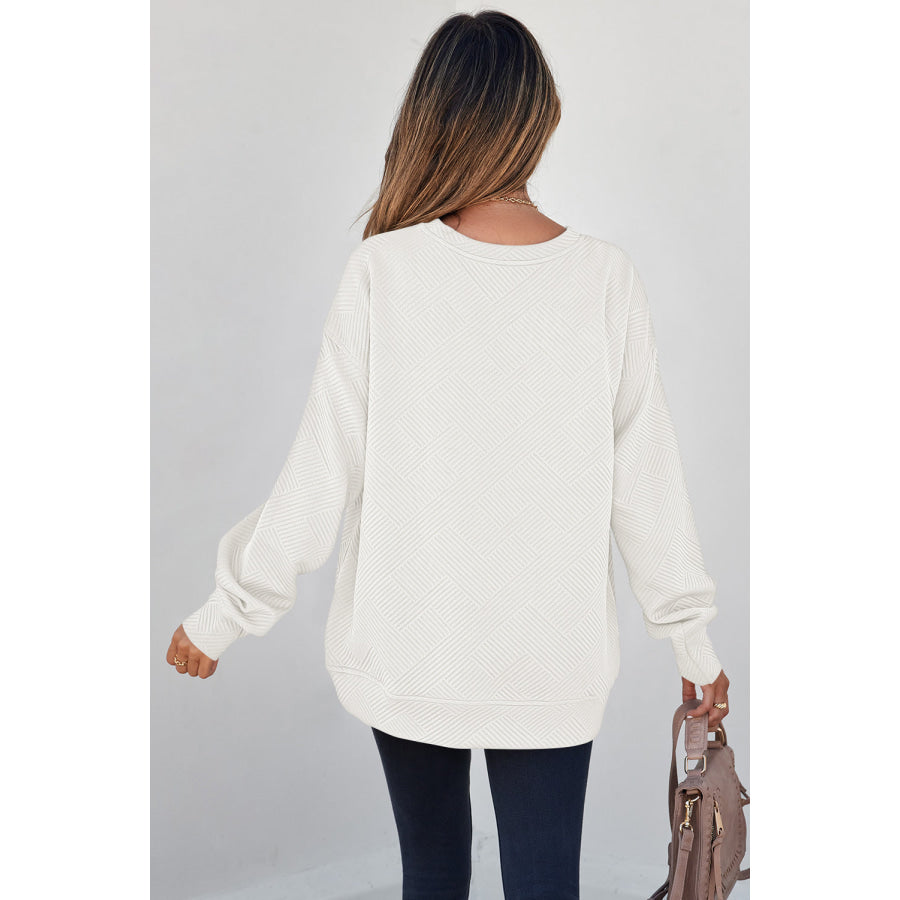Black Solid Color Textured Round Neck Drop Shoulder Pullover Sweatshirt Tops/Sweatshirts & Hoodies