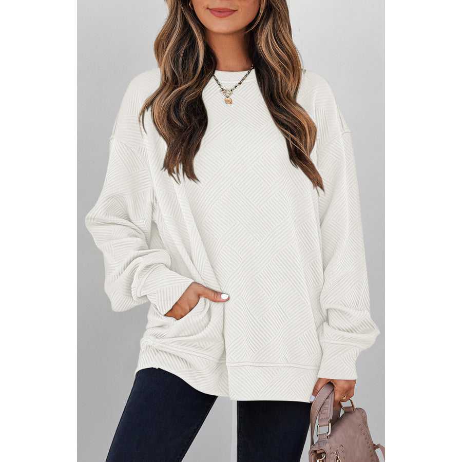 Black Solid Color Textured Round Neck Drop Shoulder Pullover Sweatshirt White / S / 97% Polyester + 3% Elastane Tops/Sweatshirts & Hoodies