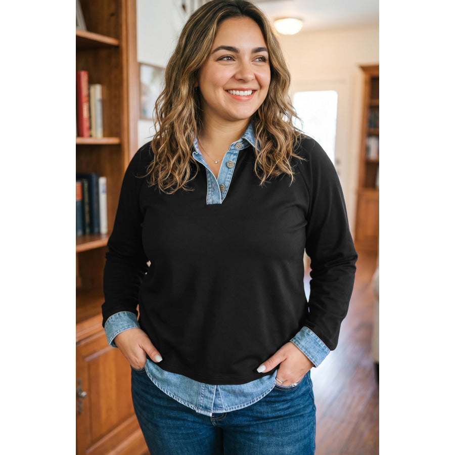Black Solid Colorblock Long Sleeve V-Neck Plus Size Blouse Plus Size/Plus Size Tops/Plus Size Long Sleeve Tops