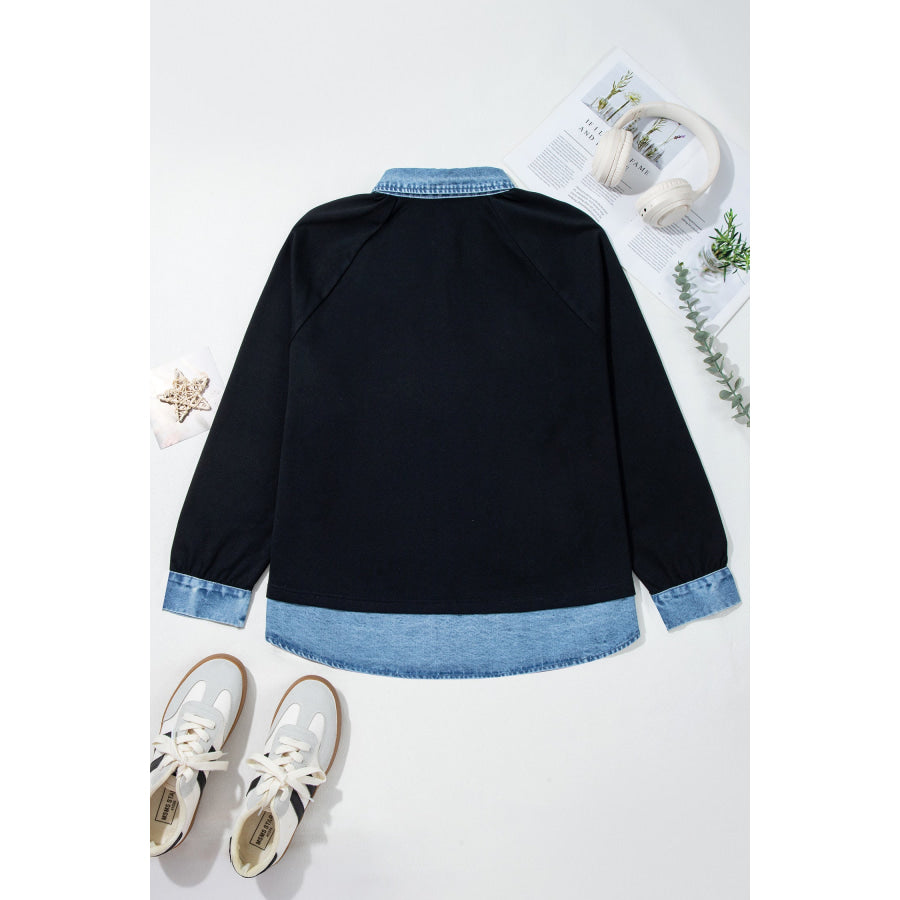 Black Solid Colorblock Long Sleeve V-Neck Plus Size Blouse Plus Size/Plus Size Tops/Plus Size Long Sleeve Tops