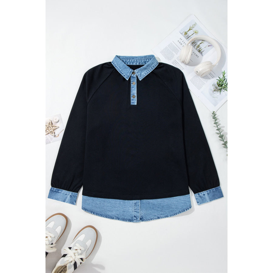Black Solid Colorblock Long Sleeve V-Neck Plus Size Blouse Plus Size/Plus Size Tops/Plus Size Long Sleeve Tops