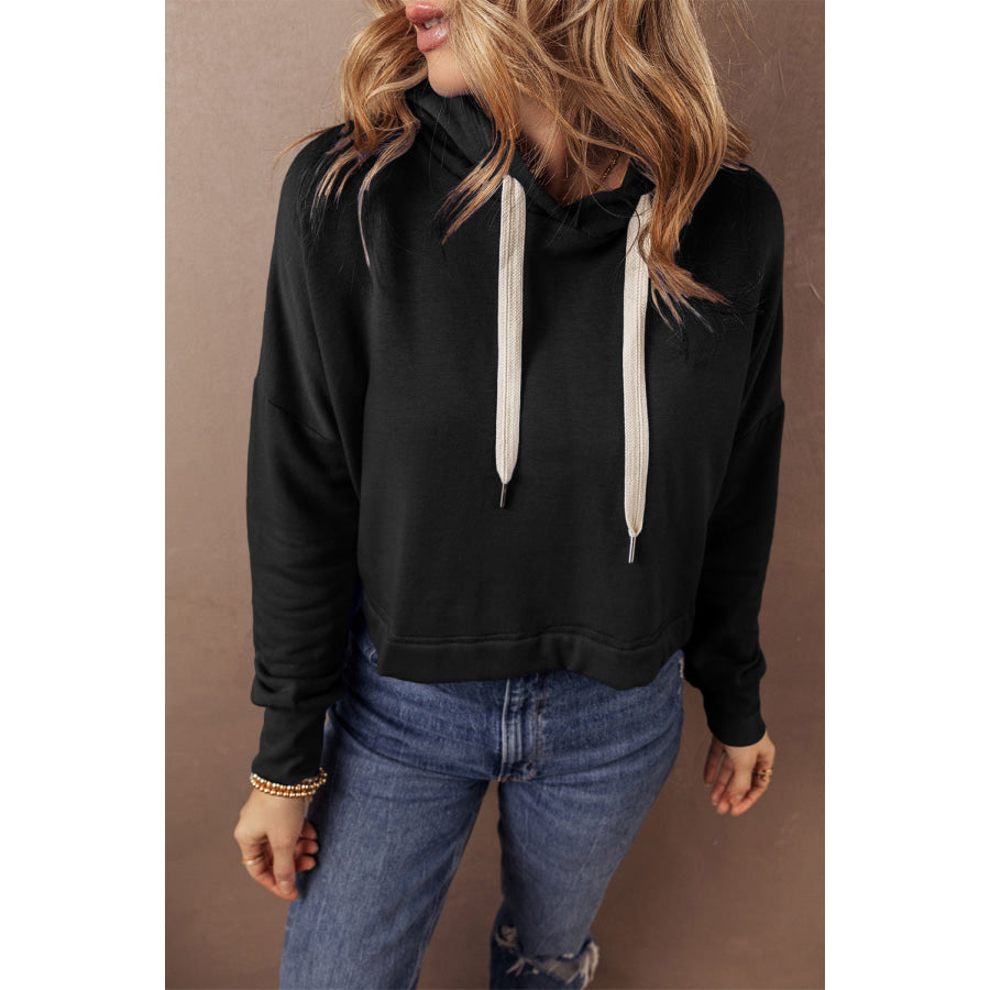 Black Solid Drop Shoulder Drawstring Cropped Hoodie Black / S / 65% Polyester + 35% Cotton Tops/Sweatshirts &amp; Hoodies