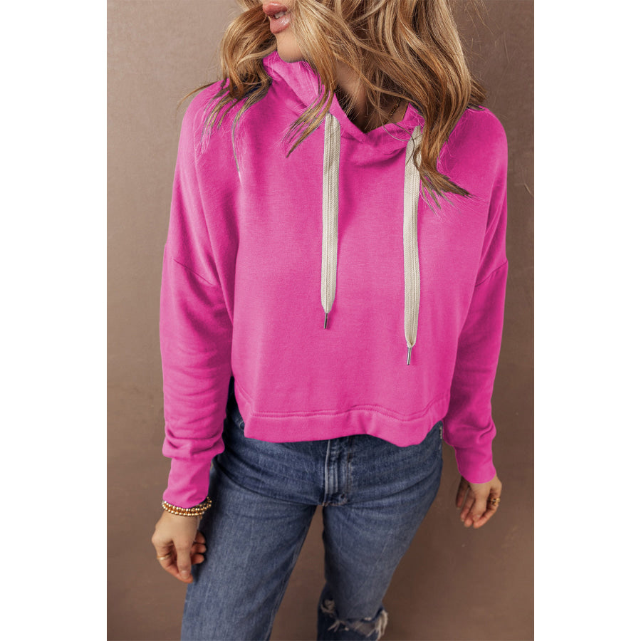 Black Solid Drop Shoulder Drawstring Cropped Hoodie Sachet Pink / S / 65% Polyester + 35% Cotton Tops/Sweatshirts &amp; Hoodies