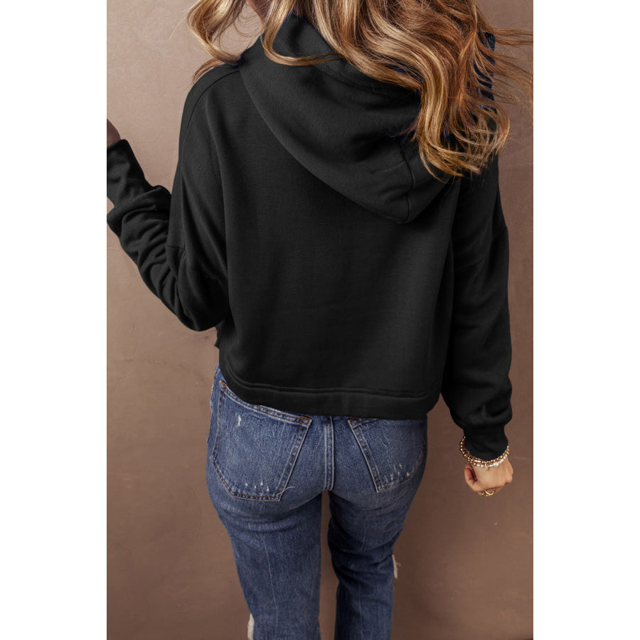 Black Solid Drop Shoulder Drawstring Cropped Hoodie Tops/Sweatshirts &amp; Hoodies