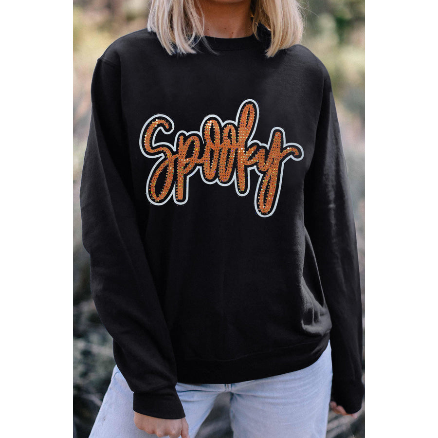 Black Spooky Rhinestone Drop Shoulder Graphic Sweatshirt Black / S / 50% Polyester + 50% Cotton Graphic/Graphic Sweatshirts