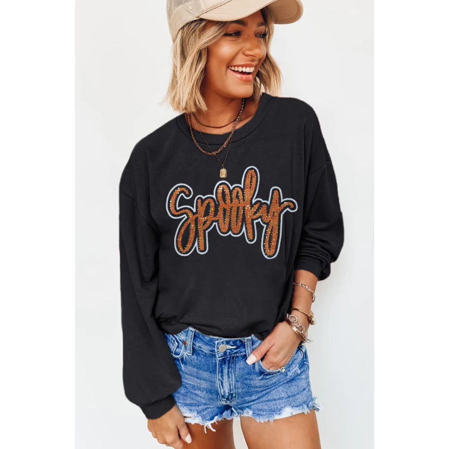 Black Spooky Rhinestone Drop Shoulder Graphic Sweatshirt Graphic/Graphic Sweatshirts