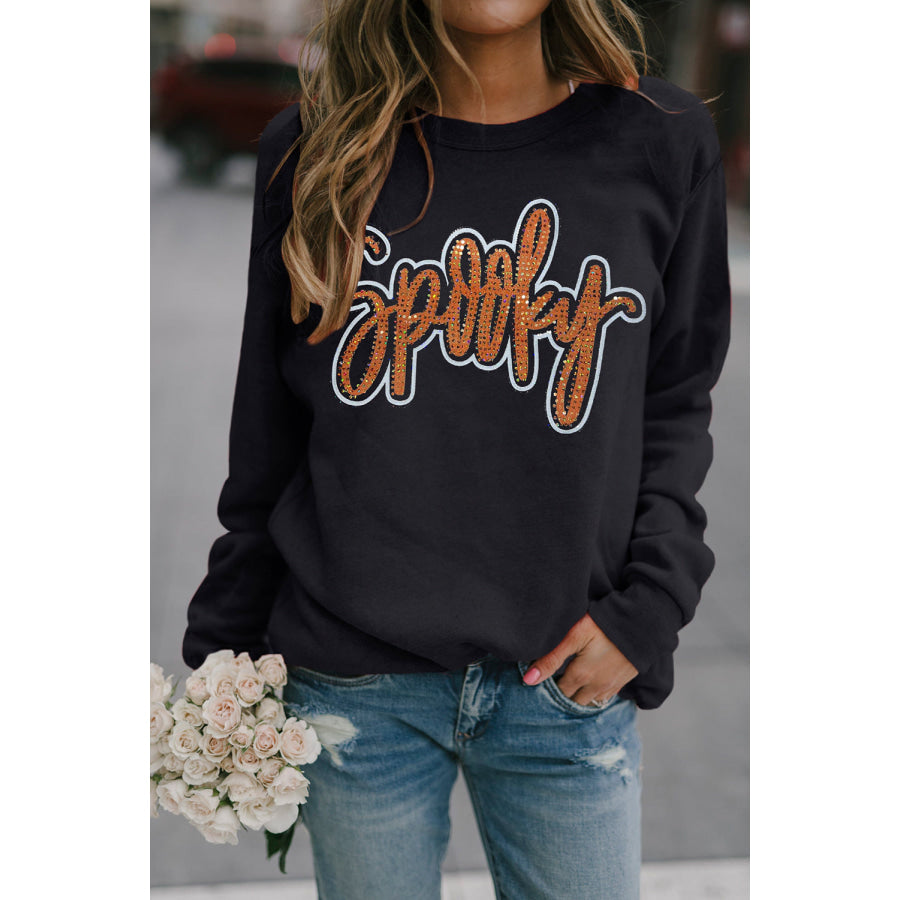 Black Spooky Rhinestone Drop Shoulder Graphic Sweatshirt Graphic/Graphic Sweatshirts