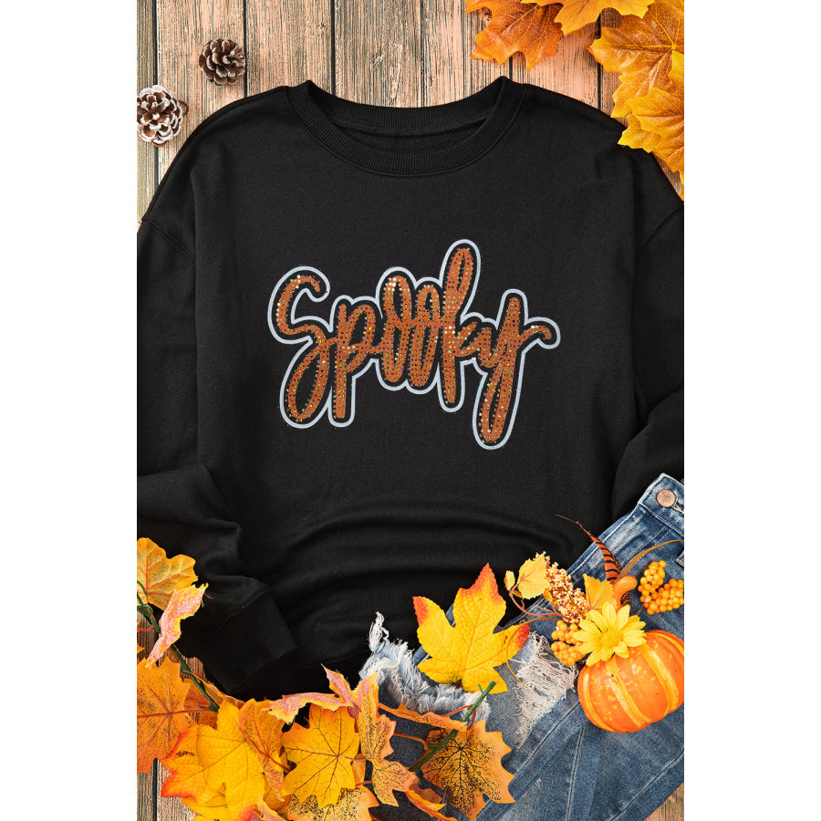 Black Spooky Rhinestone Drop Shoulder Graphic Sweatshirt Graphic/Graphic Sweatshirts