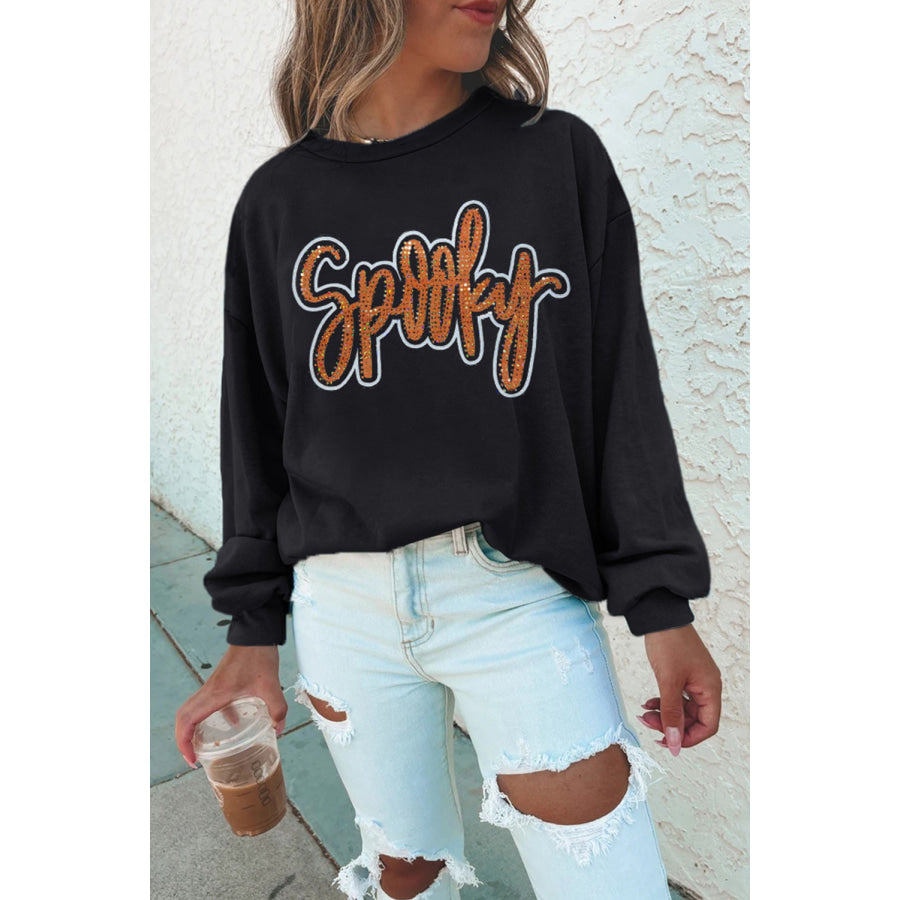 Black Spooky Rhinestone Drop Shoulder Graphic Sweatshirt Black / S / 50% Polyester + 50% Cotton Graphic/Graphic Sweatshirts