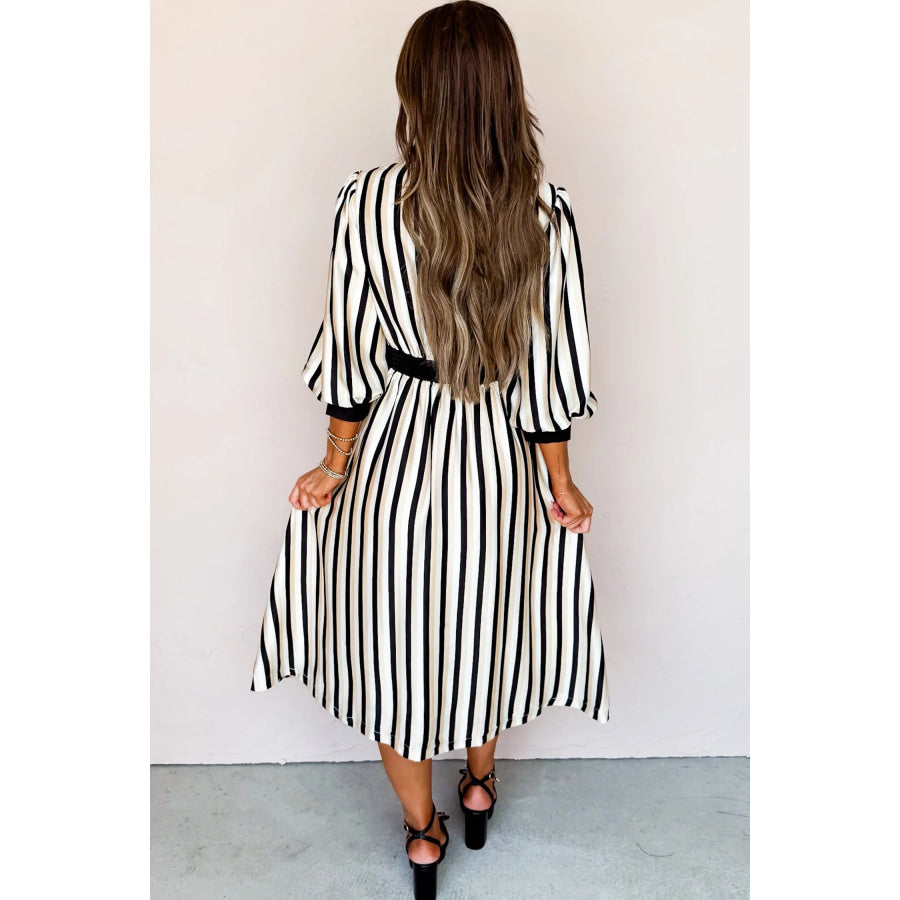 Black Stripe 3/4 Puff Sleeve Shirt Style Button Down Midi Dress Black Stripe / S / 100% Viscose Dresses/Midi Dresses