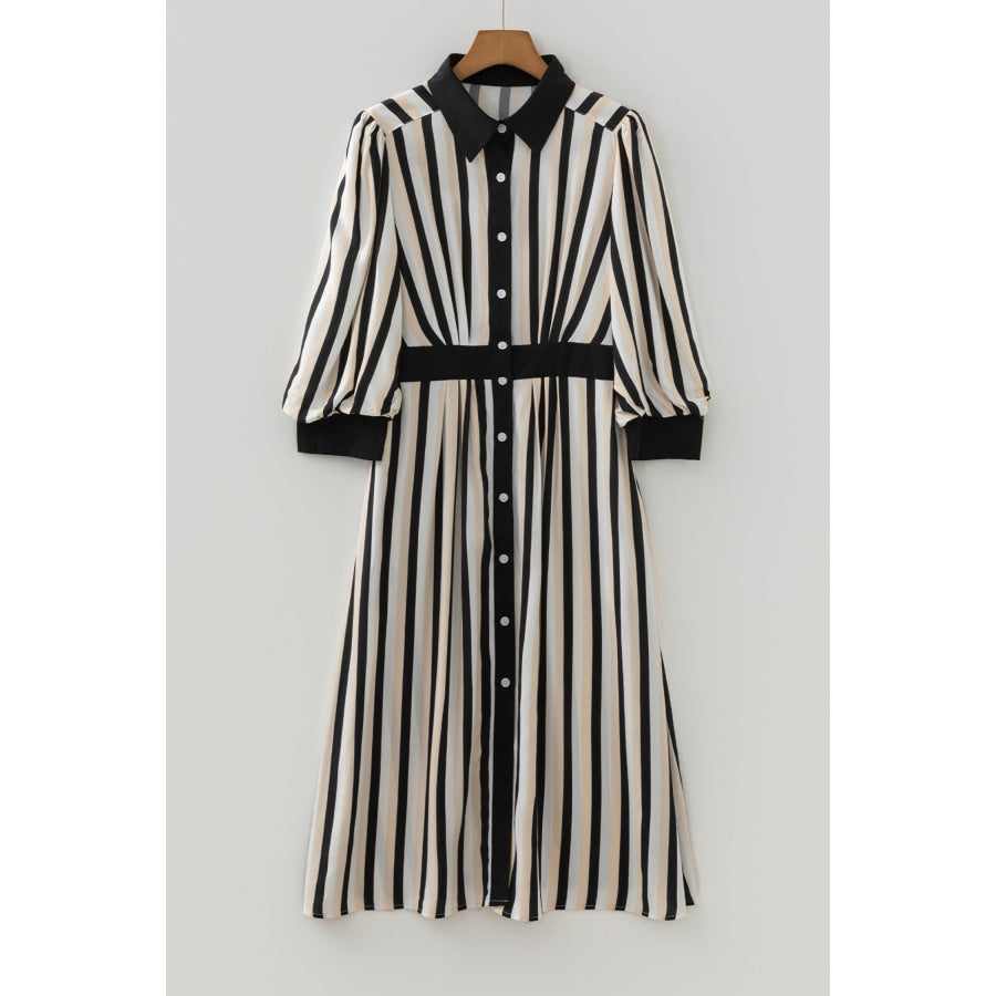 Black Stripe 3/4 Puff Sleeve Shirt Style Button Down Midi Dress Dresses/Midi Dresses