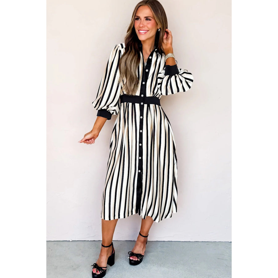 Black Stripe 3/4 Puff Sleeve Shirt Style Button Down Midi Dress Dresses/Midi Dresses
