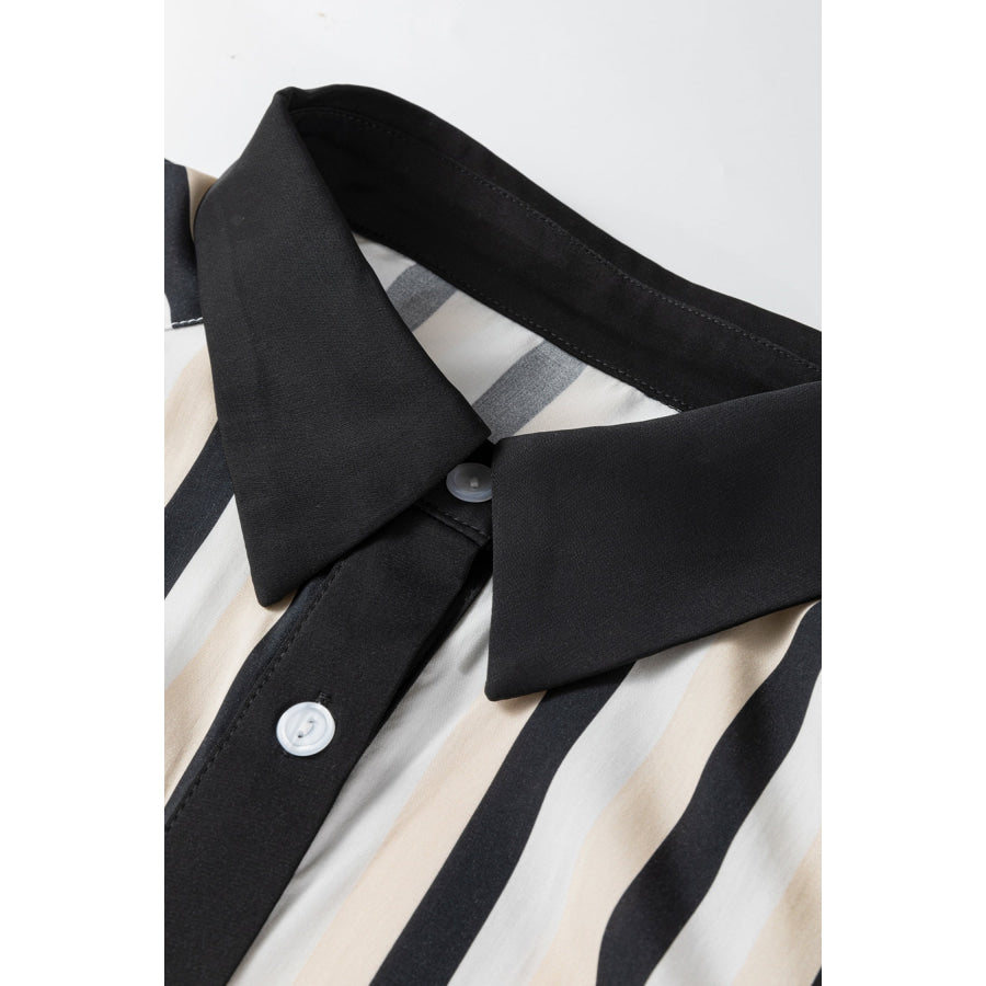 Black Stripe 3/4 Puff Sleeve Shirt Style Button Down Midi Dress Dresses/Midi Dresses