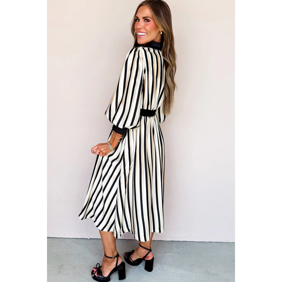 Black Stripe 3/4 Puff Sleeve Shirt Style Button Down Midi Dress Dresses/Midi Dresses