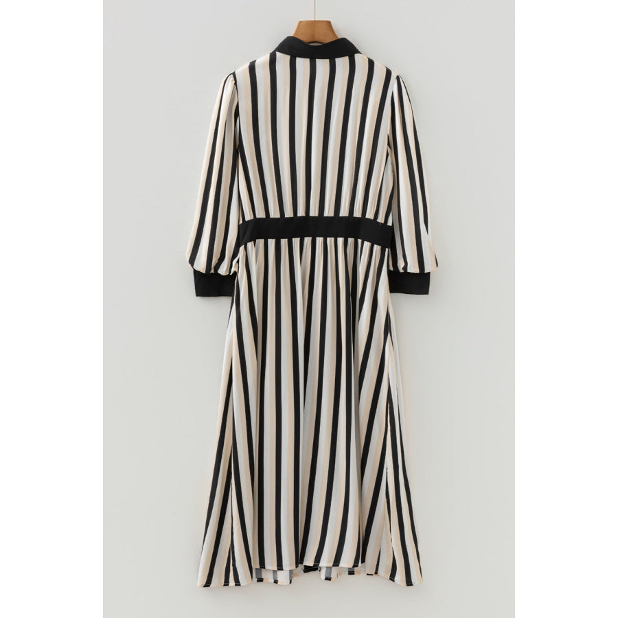 Black Stripe 3/4 Puff Sleeve Shirt Style Button Down Midi Dress Dresses/Midi Dresses