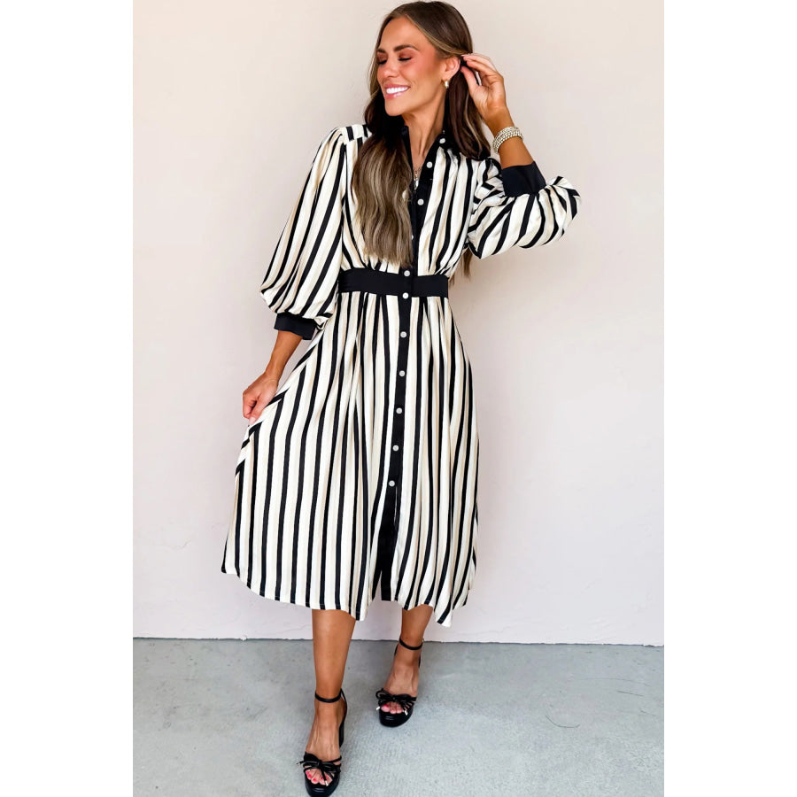 Black Stripe 3/4 Puff Sleeve Shirt Style Button Down Midi Dress Dresses/Midi Dresses