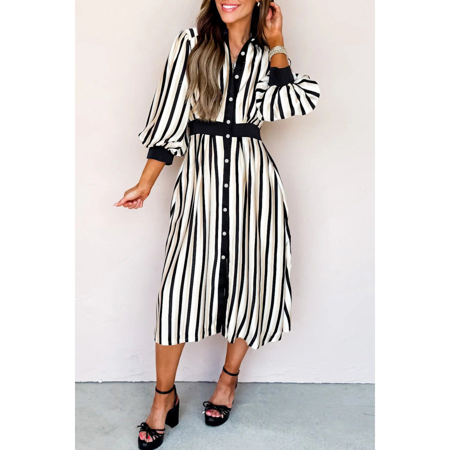 Black Stripe 3/4 Puff Sleeve Shirt Style Button Down Midi Dress Black Stripe / S / 100% Viscose Dresses/Midi Dresses