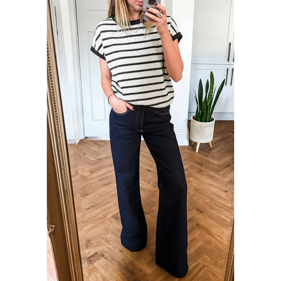 Black Stripe Bow Applique Short Sleeve Sweater Sweaters & Cardigans/Short Sleeve Sweaters