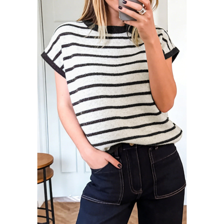 Black Stripe Bow Applique Short Sleeve Sweater Sweaters & Cardigans/Short Sleeve Sweaters