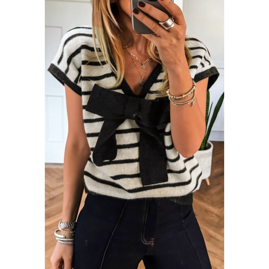 Black Stripe Bow Applique Short Sleeve Sweater Sweaters & Cardigans/Short Sleeve Sweaters