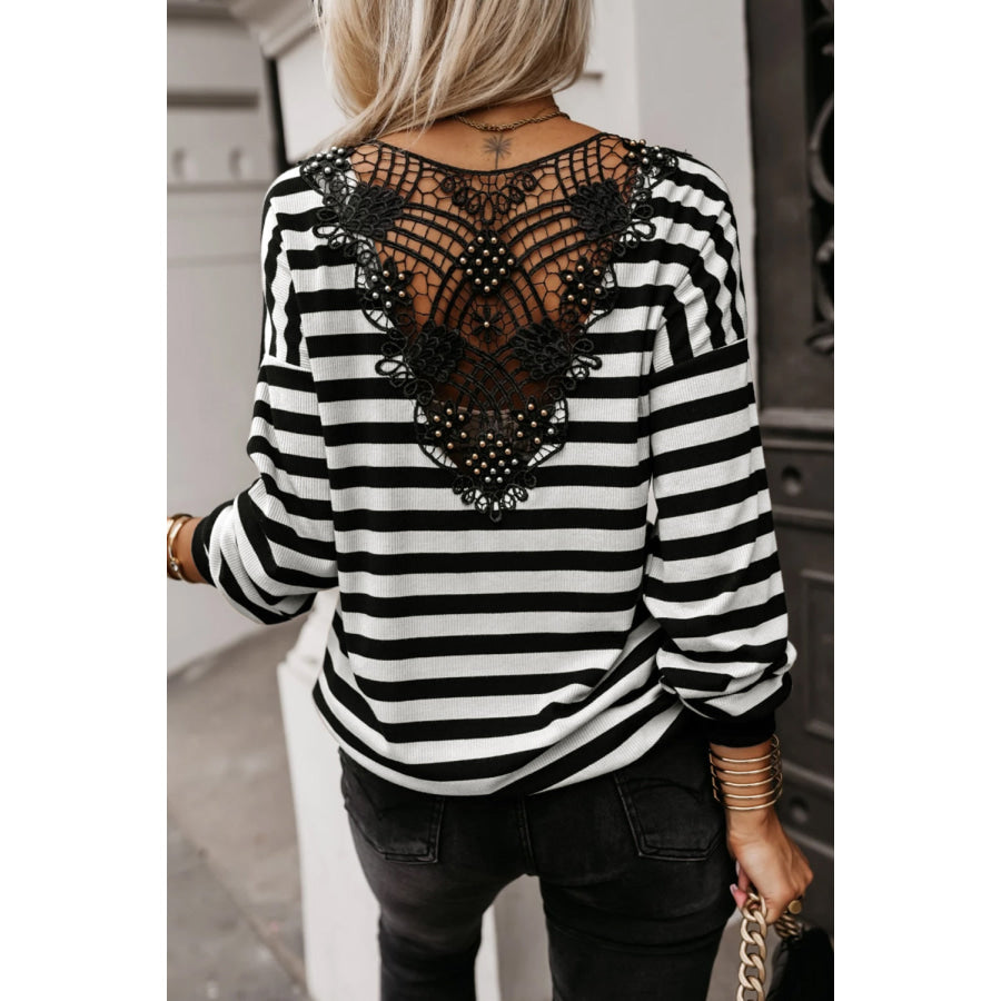 Black Stripe Crochet Hollow-out Back Buttoned Shoulder V Neck Top Black Stripe / S / 95% Polyester + 5% Elastane Sale (50% OFF)/Sale (50%