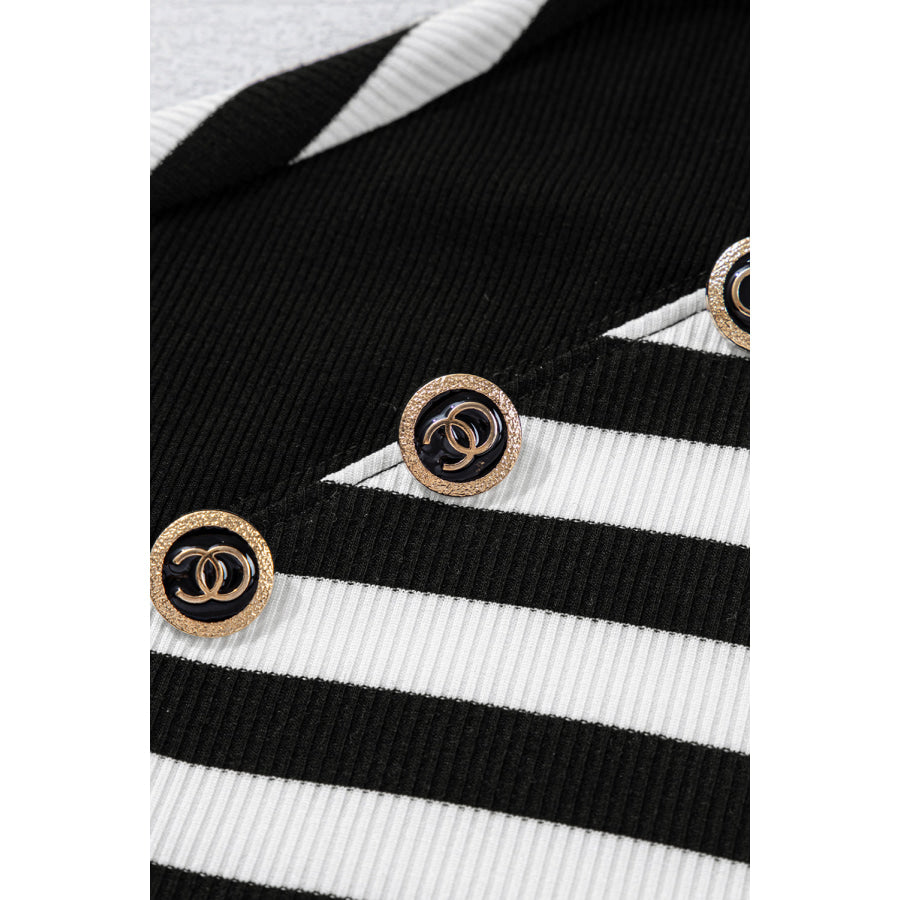 Black Stripe Crochet Hollow-out Back Buttoned Shoulder V Neck Top Sale (50% OFF)/Sale OFF)