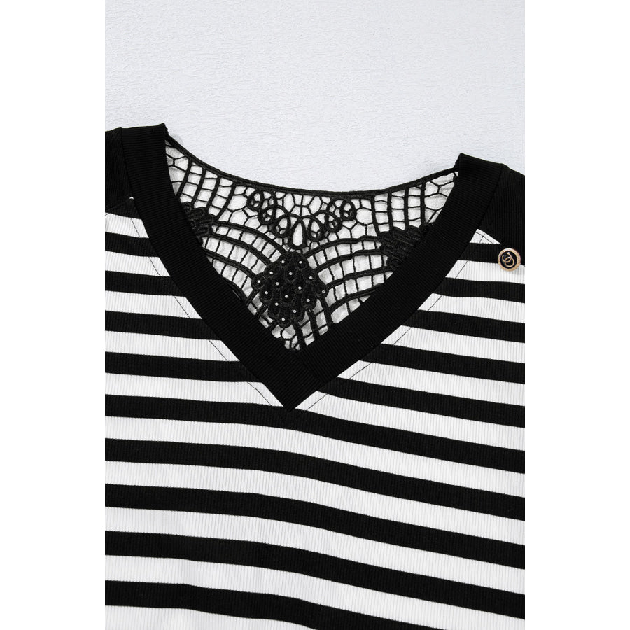 Black Stripe Crochet Hollow-out Back Buttoned Shoulder V Neck Top Sale (50% OFF)/Sale OFF)