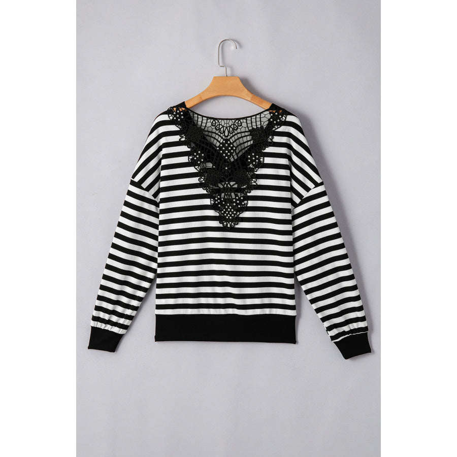Black Stripe Crochet Hollow-out Back Buttoned Shoulder V Neck Top Sale (50% OFF)/Sale OFF)