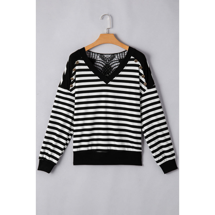 Black Stripe Crochet Hollow-out Back Buttoned Shoulder V Neck Top Sale (50% OFF)/Sale OFF)
