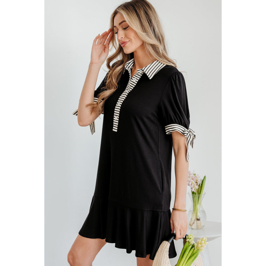 Black Stripe Detail Polo Collar Half Buttons Tied Short Sleeve Shift Mini Dress Dresses/Mini Dresses