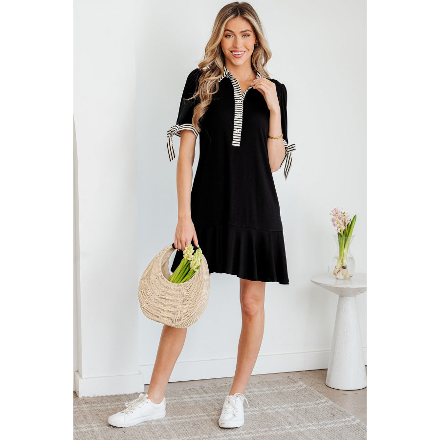 Black Stripe Detail Polo Collar Half Buttons Tied Short Sleeve Shift Mini Dress Dresses/Mini Dresses