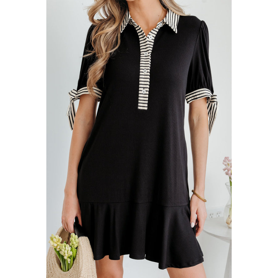 Black Stripe Detail Polo Collar Half Buttons Tied Short Sleeve Shift Mini Dress Dresses/Mini Dresses