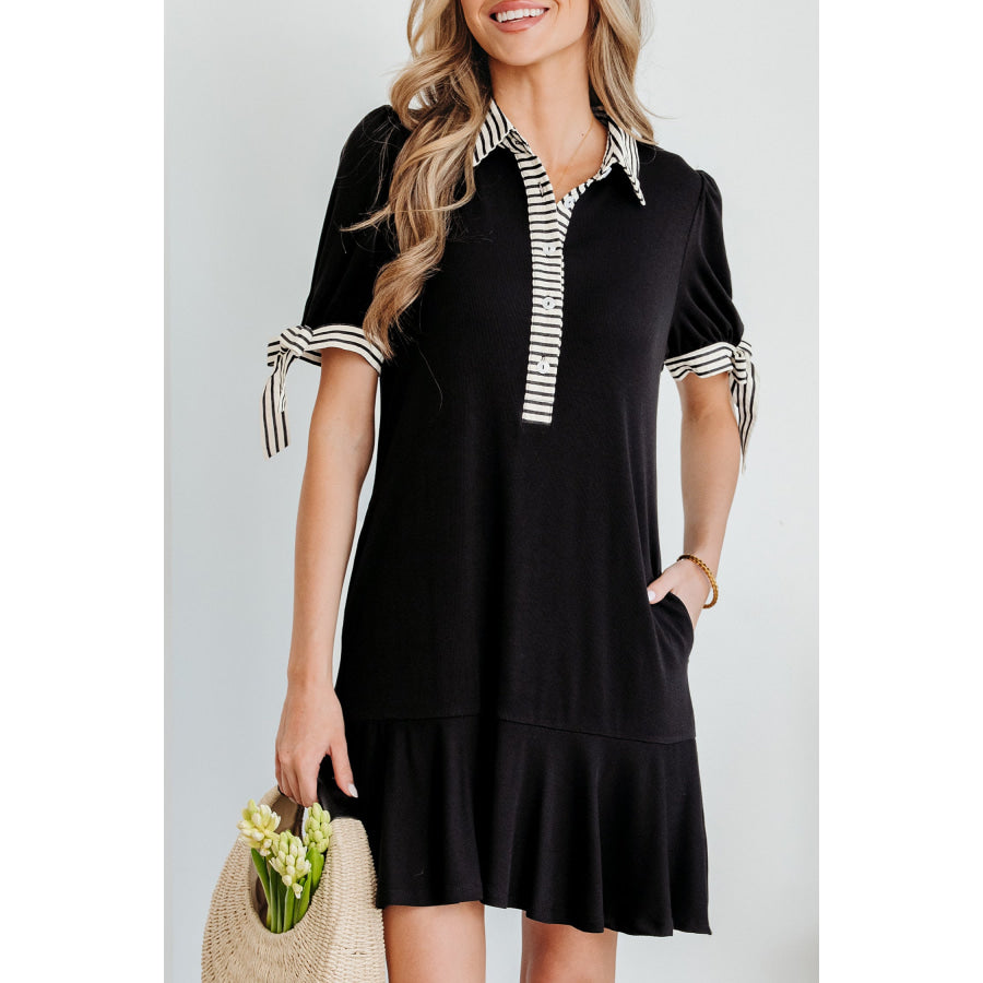 Black Stripe Detail Polo Collar Half Buttons Tied Short Sleeve Shift Mini Dress Dresses/Mini Dresses