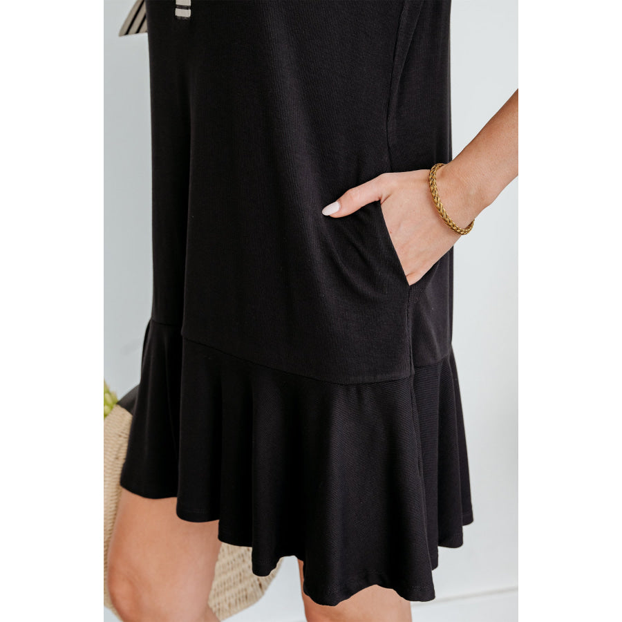 Black Stripe Detail Polo Collar Half Buttons Tied Short Sleeve Shift Mini Dress Dresses/Mini Dresses