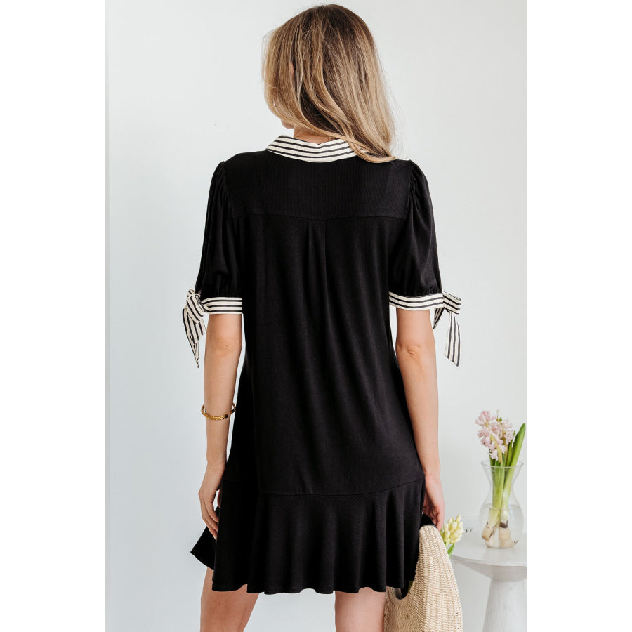 Black Stripe Detail Polo Collar Half Buttons Tied Short Sleeve Shift Mini Dress Dresses/Mini Dresses