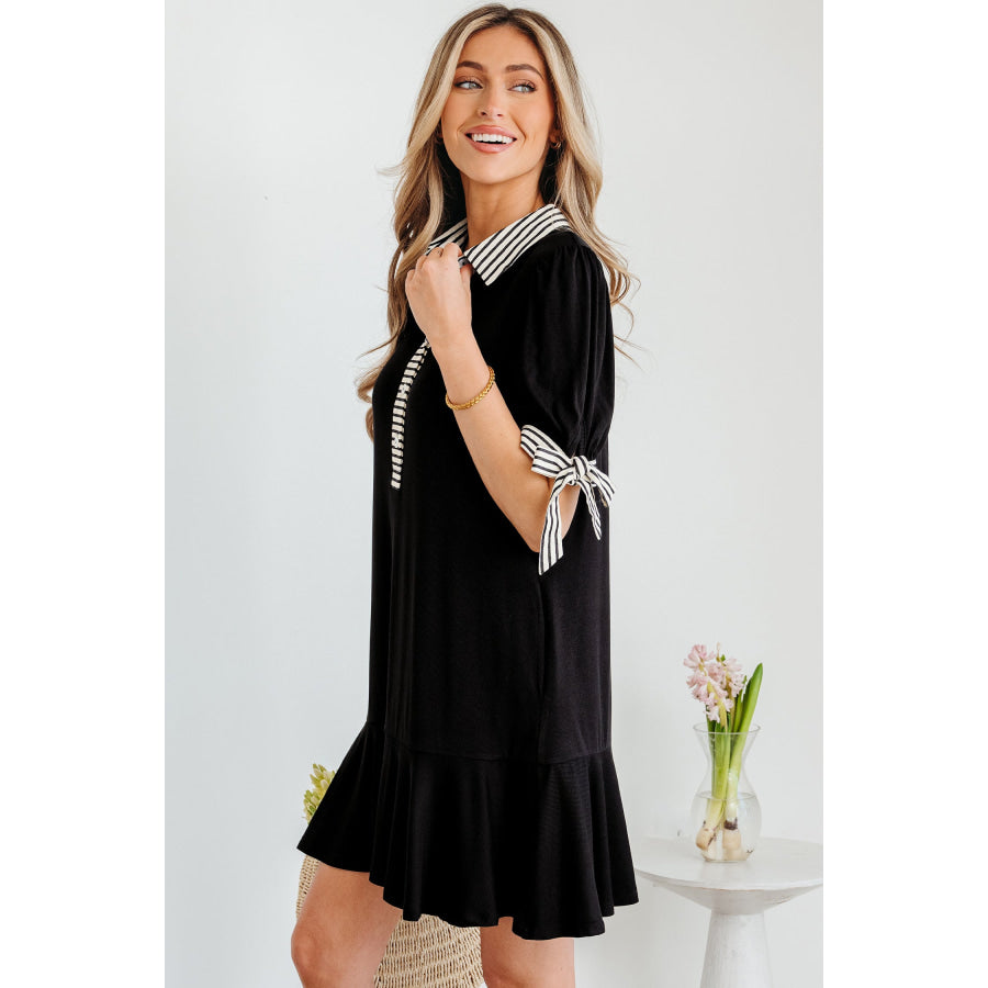 Black Stripe Detail Polo Collar Half Buttons Tied Short Sleeve Shift Mini Dress Dresses/Mini Dresses