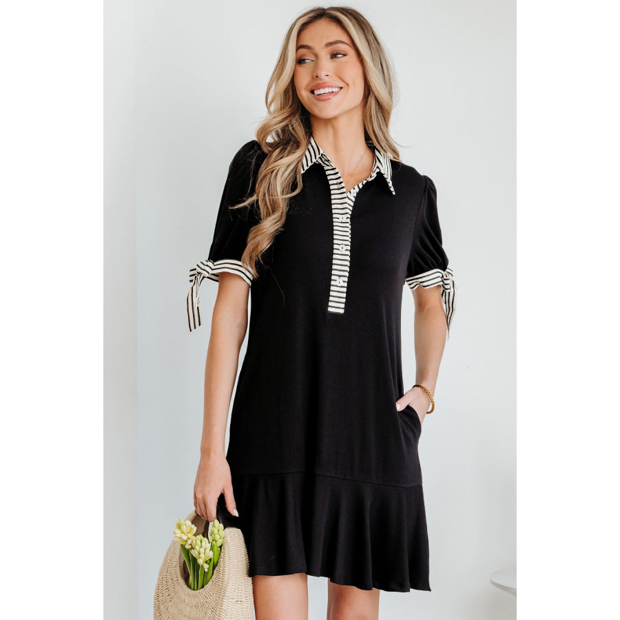 Black Stripe Detail Polo Collar Half Buttons Tied Short Sleeve Shift Mini Dress Black / S / 93% Viscose + 7% Elastane Dresses/Mini Dresses