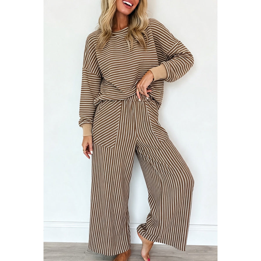 Black Stripe Drop Shoulder Relaxed Pullover Casual Pants 2pcs Set Brown / S / 95% Polyester + 5% Elastane Two Piece Sets/Pant Sets