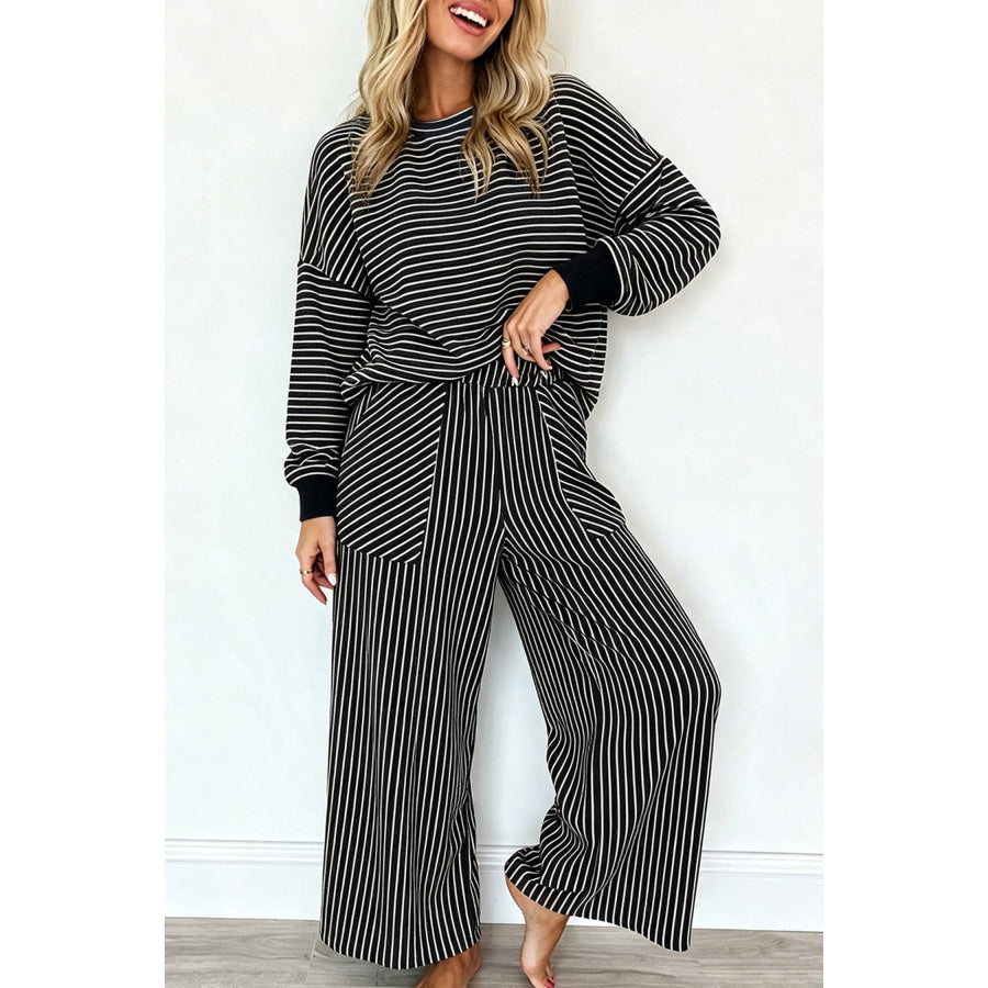 Black Stripe Drop Shoulder Relaxed Pullover Casual Pants 2pcs Set / S / 95% Polyester + 5% Elastane Two Piece Sets/Pant Sets