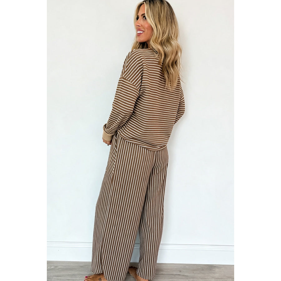 Black Stripe Drop Shoulder Relaxed Pullover Casual Pants 2pcs Set Two Piece Sets/Pant Sets