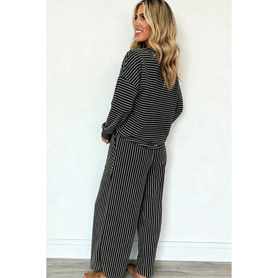 Black Stripe Drop Shoulder Relaxed Pullover Casual Pants 2pcs Set / S / 95% Polyester + 5% Elastane Two Piece Sets/Pant Sets