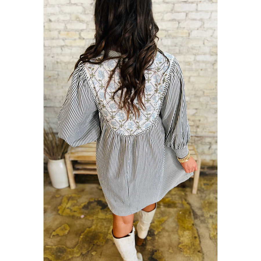 Black Stripe Floral Patchwork Tied V Neck Shift Long Sleeve Mini Dress Dresses/Mini Dresses