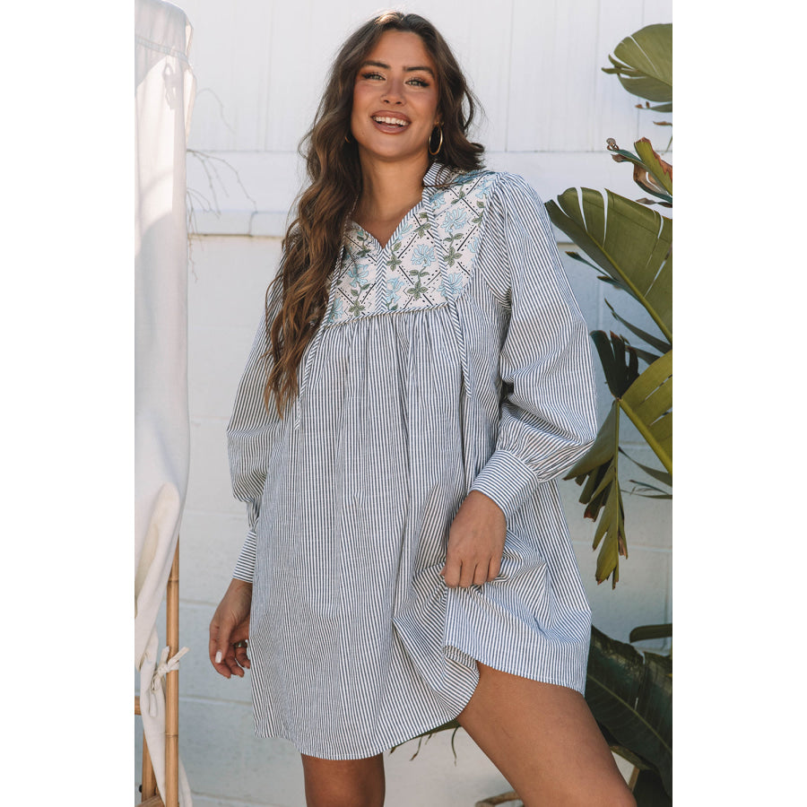 Black Stripe Floral Patchwork Tied V Neck Shift Long Sleeve Mini Dress Dresses/Mini Dresses