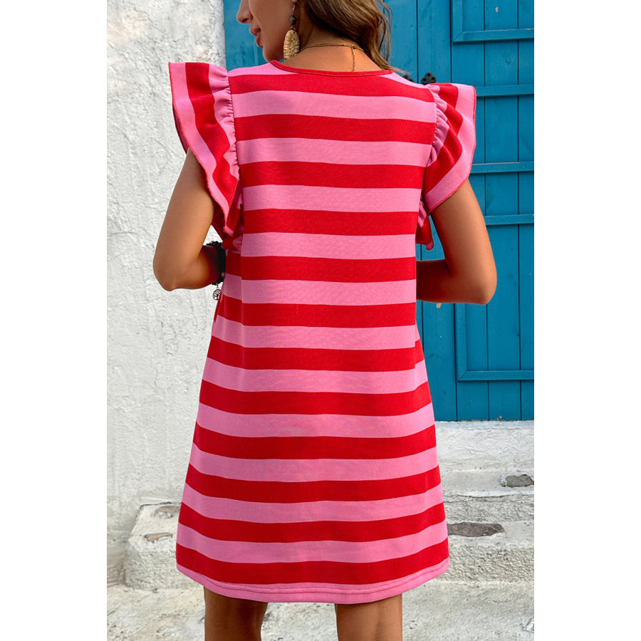 Black Stripe Flutter Sleeve Round Neck Shift Dress Dresses/Mini Dresses