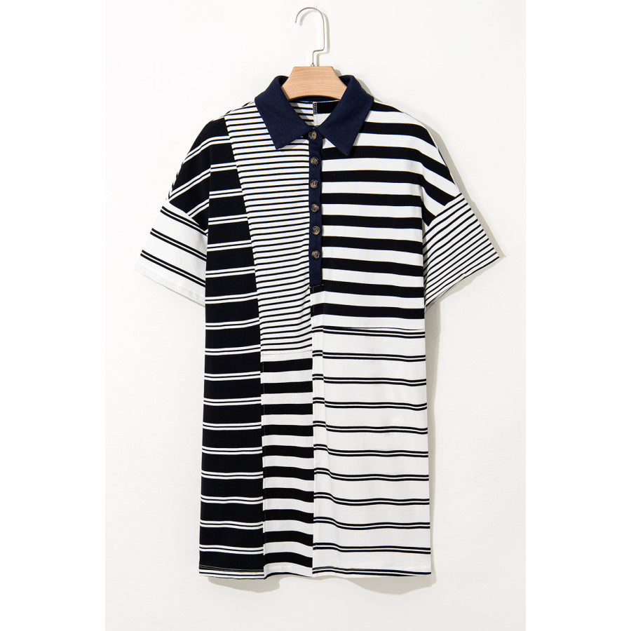 Black Stripe Half Placket Polo T Shirt Dress Dresses/T Shirt Dresses