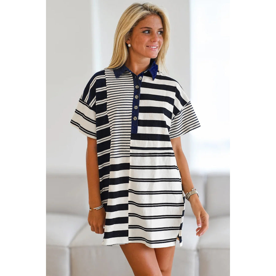 Black Stripe Half Placket Polo T Shirt Dress Dresses/T Shirt Dresses